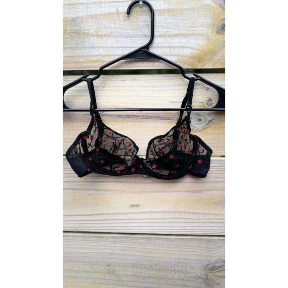 On Gossamer Other - On Gossamer Black Red Rose Floral Embroidered Sheer Mesh Underwire Bra 36B